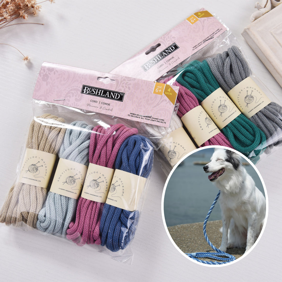 BUSHLAND 4MM Chunky cord 4 in 1 Set Kumihimo disc included Macrame cord set 20mts 5colors in one pack Knotting Cord